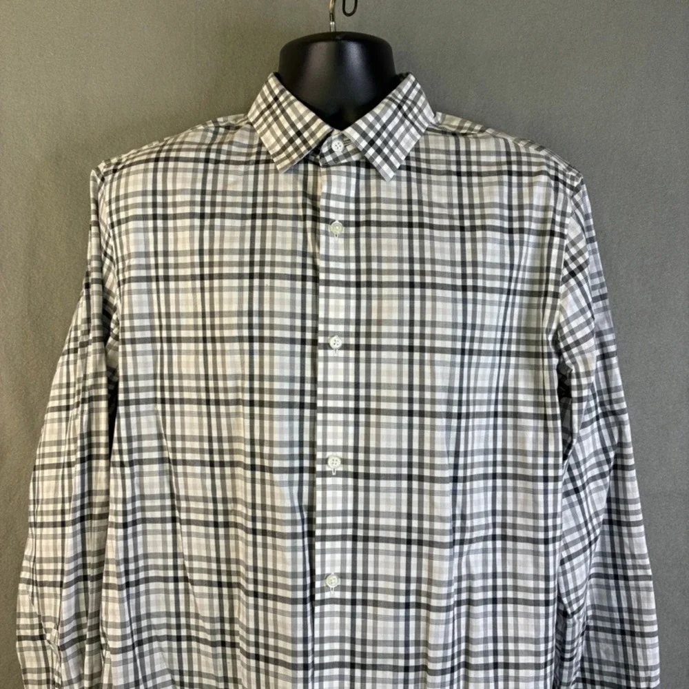 Banana Republic Camden Fit Plaid Non-Iron Cotton Shirt Mens Lg Grey Black White